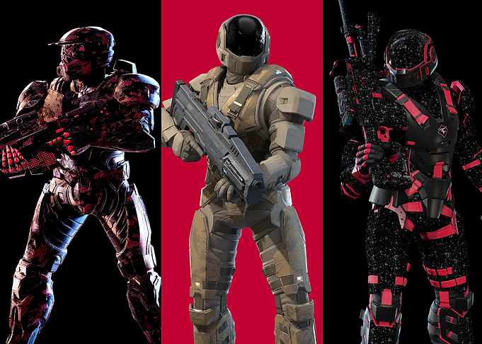 Three futuristic soldiers in armor