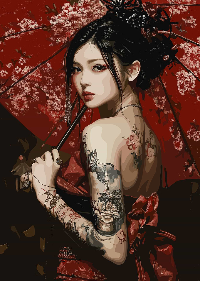 Tattooed Woman with Red Umbrella