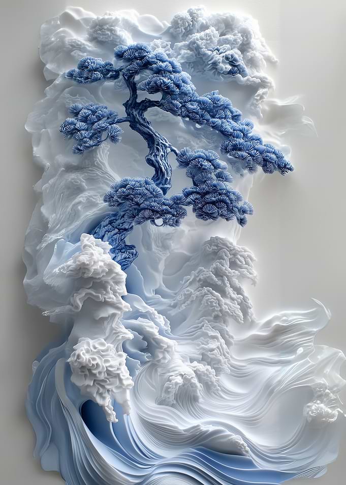 Blue and White Bonsai Tree Sculpture