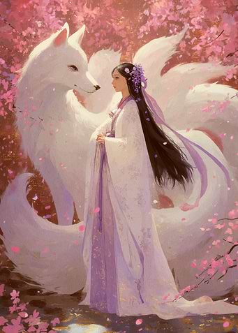 Woman and Nine-Tailed Fox in Blossom