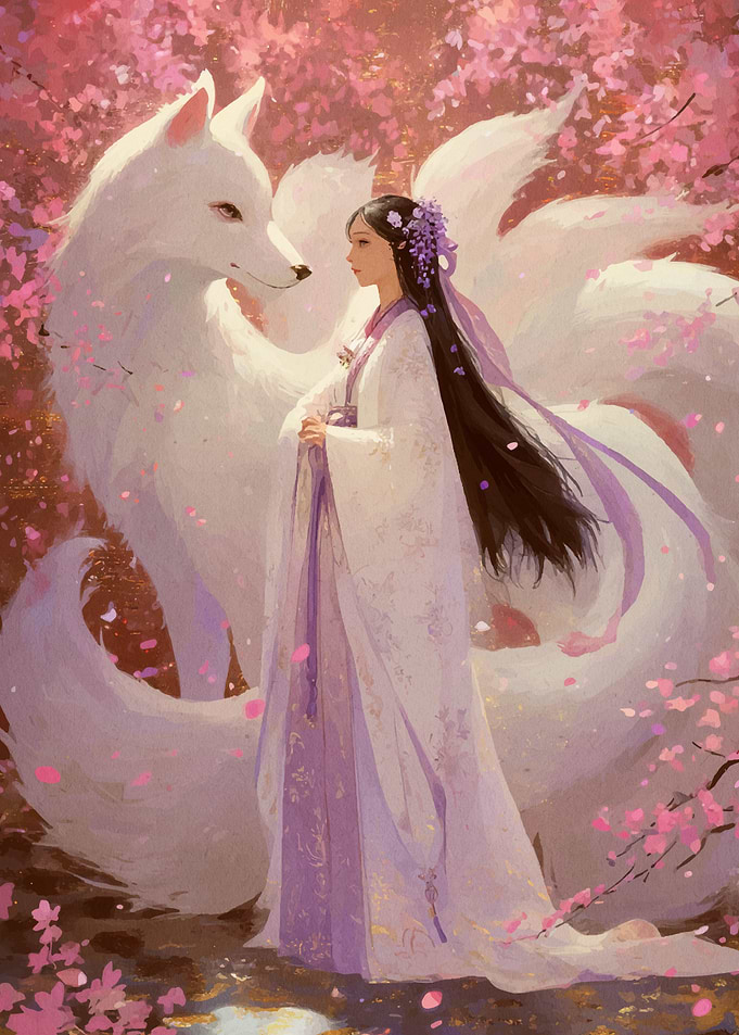 Woman and Nine-Tailed Fox in Blossom