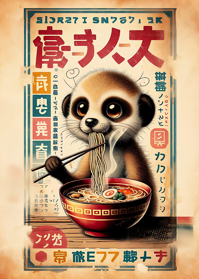Meerkat Eating Ramen Japanese Style Poster