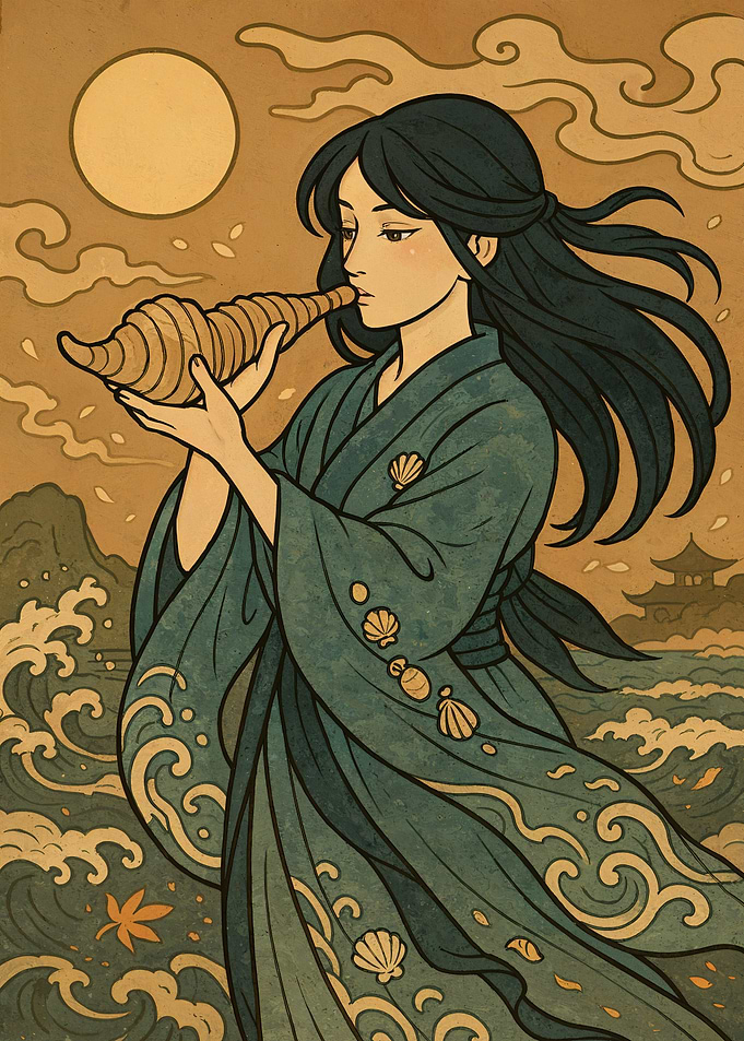Woman with Conch Shell by the Sea