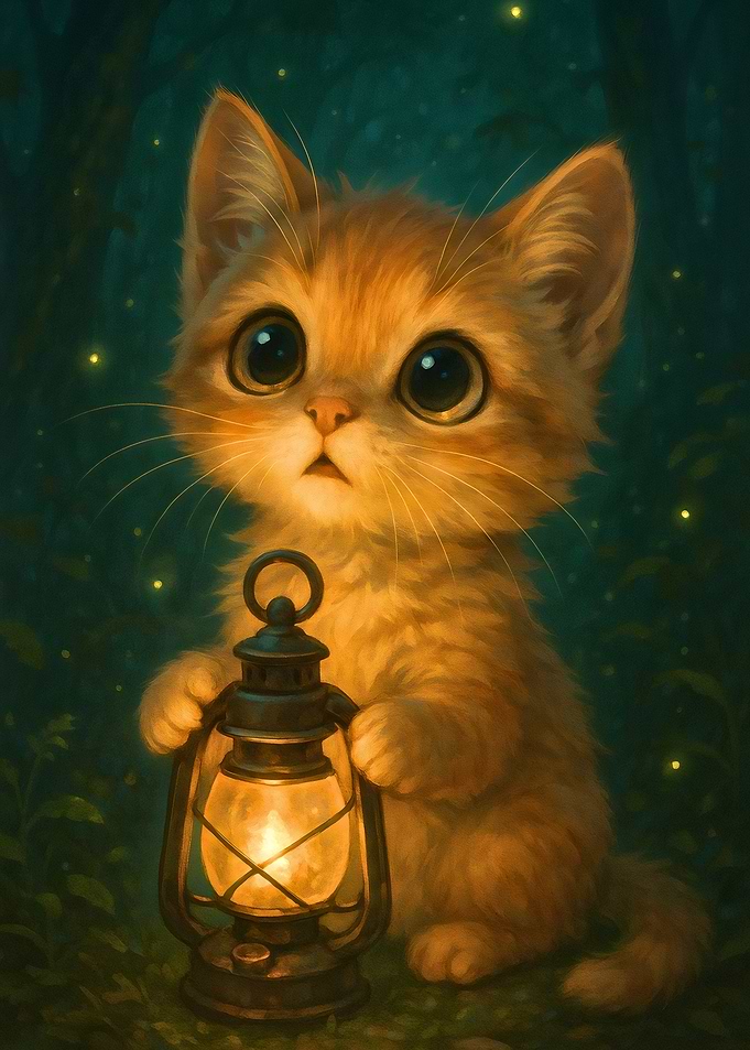 Cute Kitten with Lantern in Forest