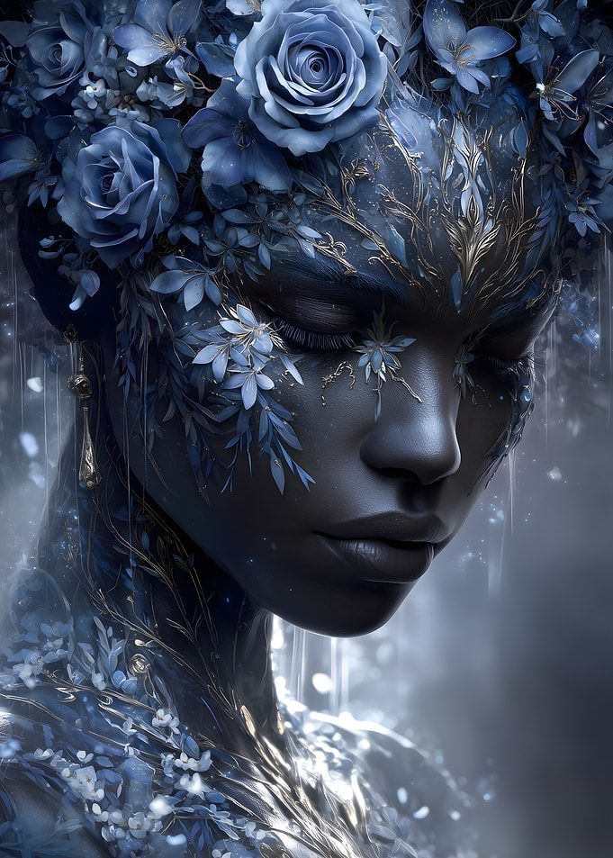 Blue Floral Woman Portrait