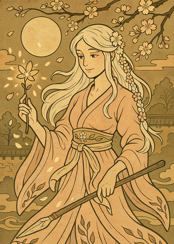 Asian Woman with Spear and Flower