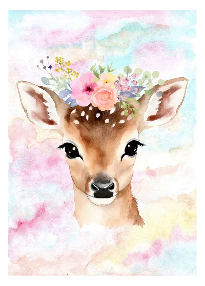 Watercolor Deer with Floral Crown