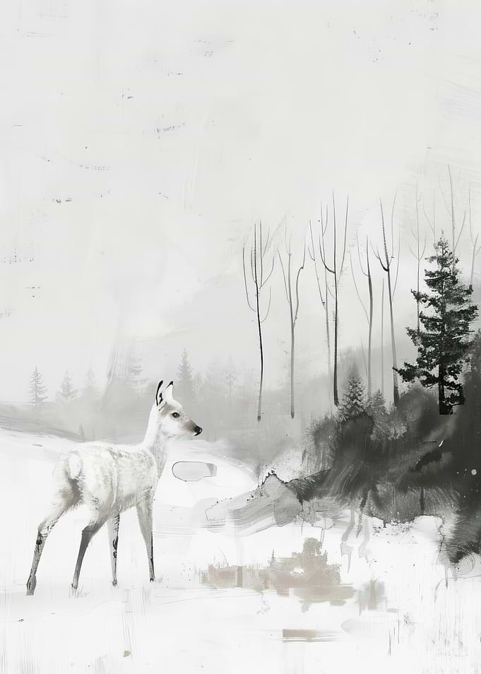 Deer in Winter Forest Painting