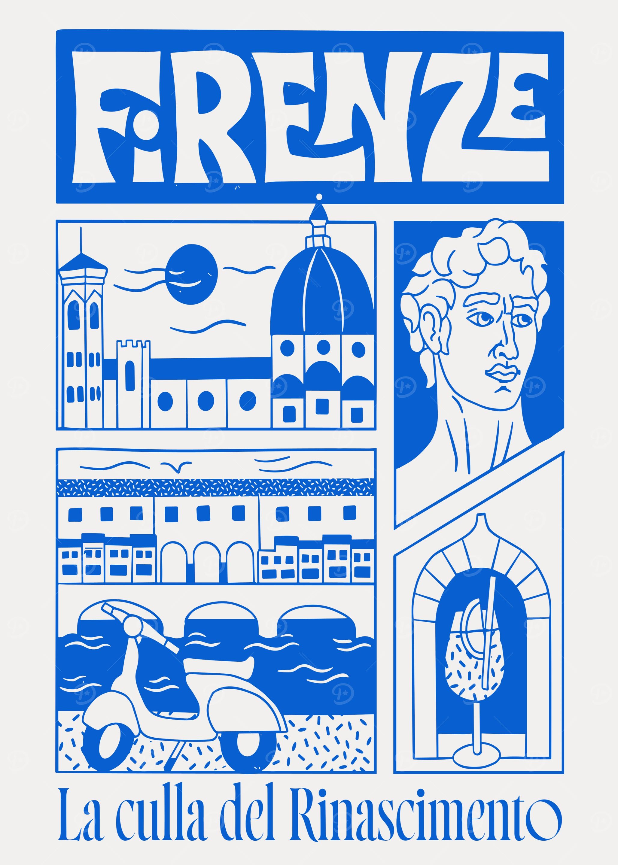 Florence Italy Blue and White Illustration