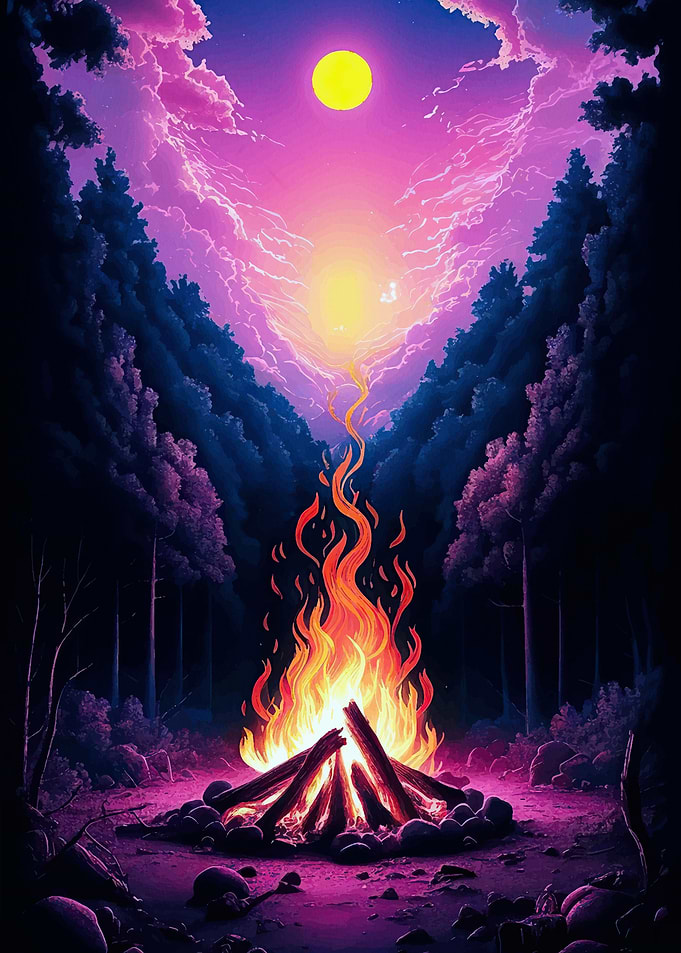 Campfire under surreal sky