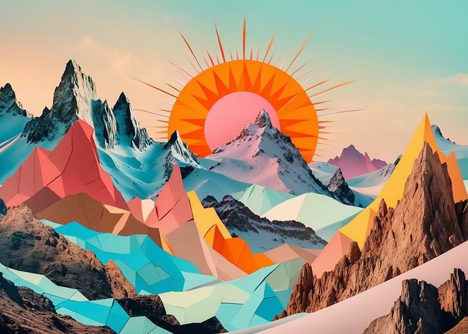 Geometric Mountain Landscape with Sun