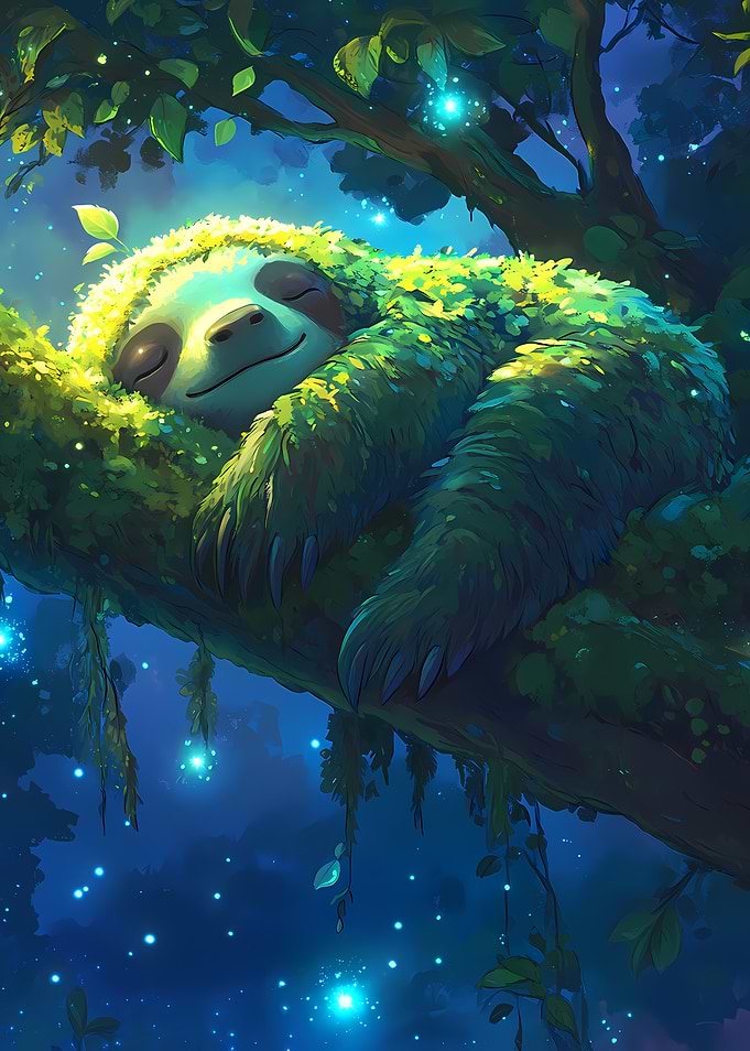 Moss-Covered Sloth Sleeping Peacefully in a Magical Forest