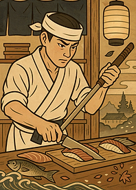 Sushi Chef Preparing Salmon Nigiri
