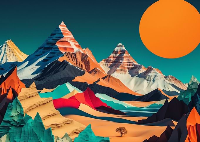 Colorful Mountain Landscape with Sun
