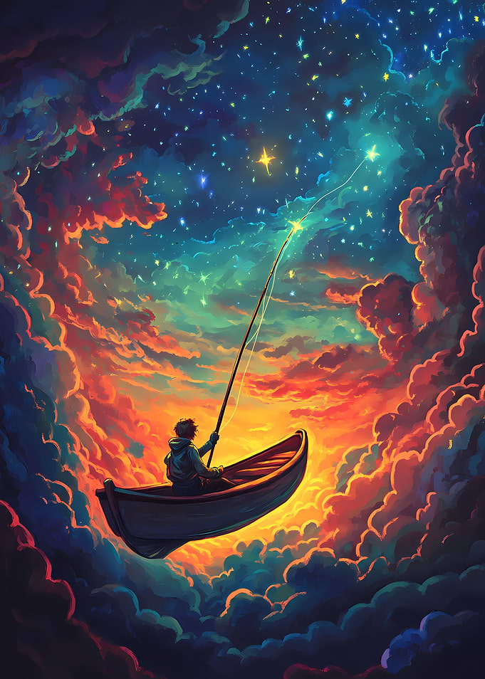 Fishing for Stars from a Boat in a Dreamy, Colorful Sky