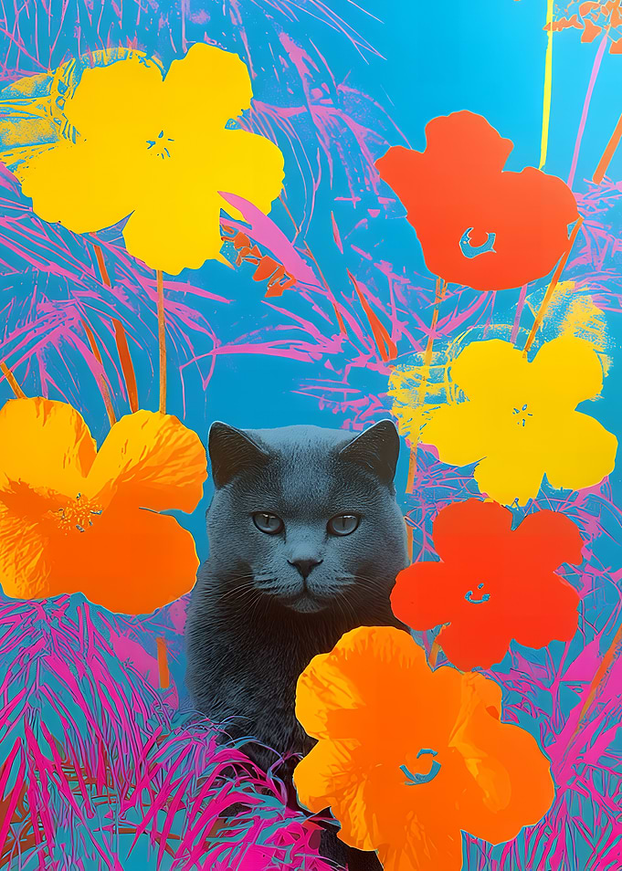 Pop Art Cat with Flowers