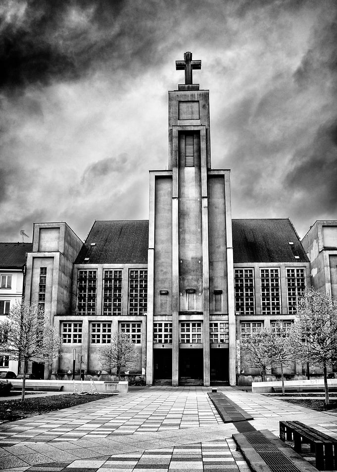 Monochrome Church with Tower and Cross