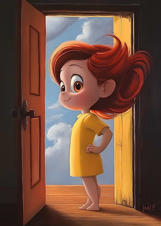 Cartoon Girl by Open Doorway