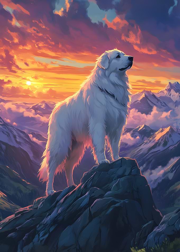 Majestic Great Pyrenees Dog at Mountain Peak during Sunrise - Beautiful Dog Portrait Art