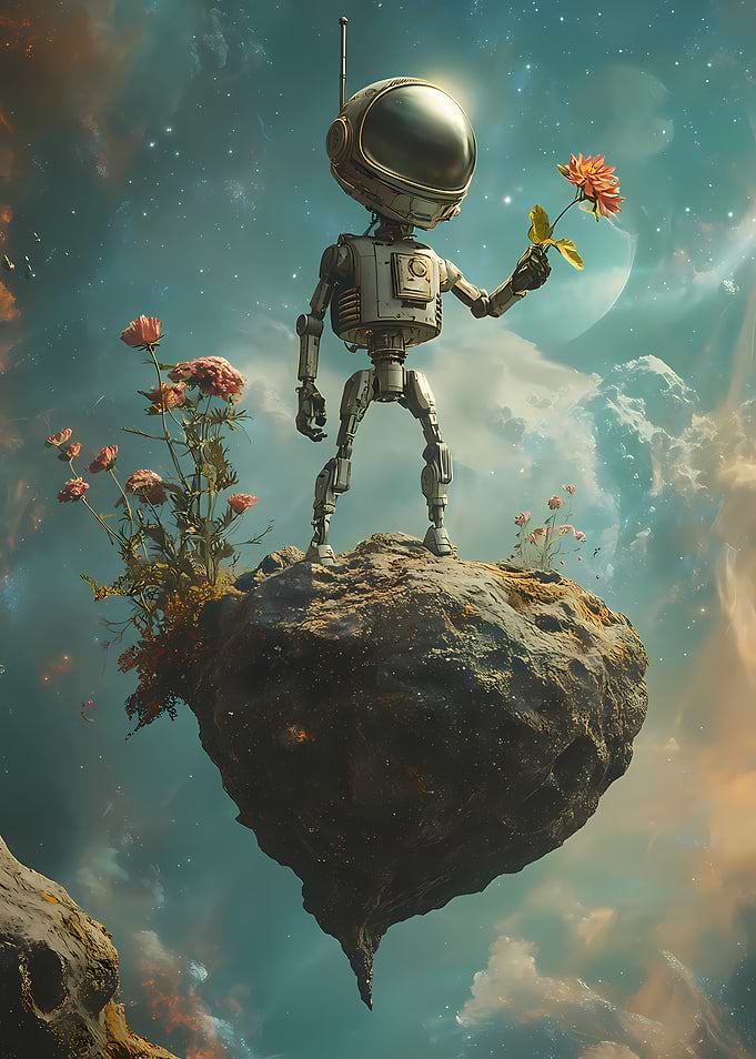 Robot Astronaut Holding a Flower on a Floating Asteroid in Space