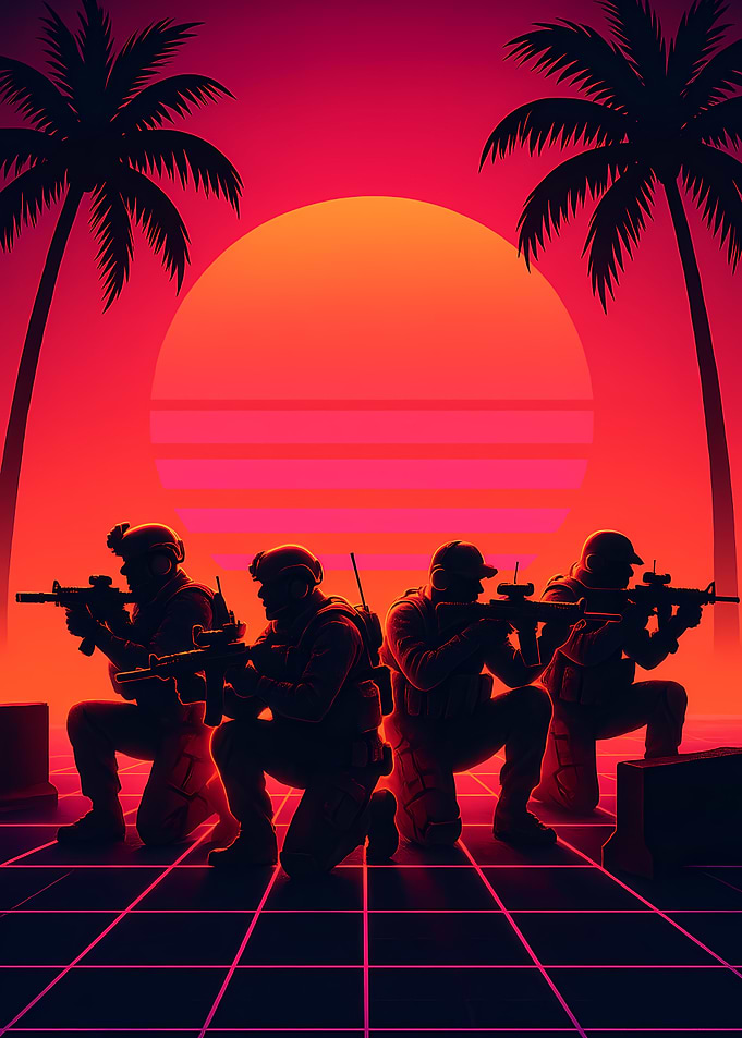 Retro Military Squad Neon Tactical Sunset Warfare