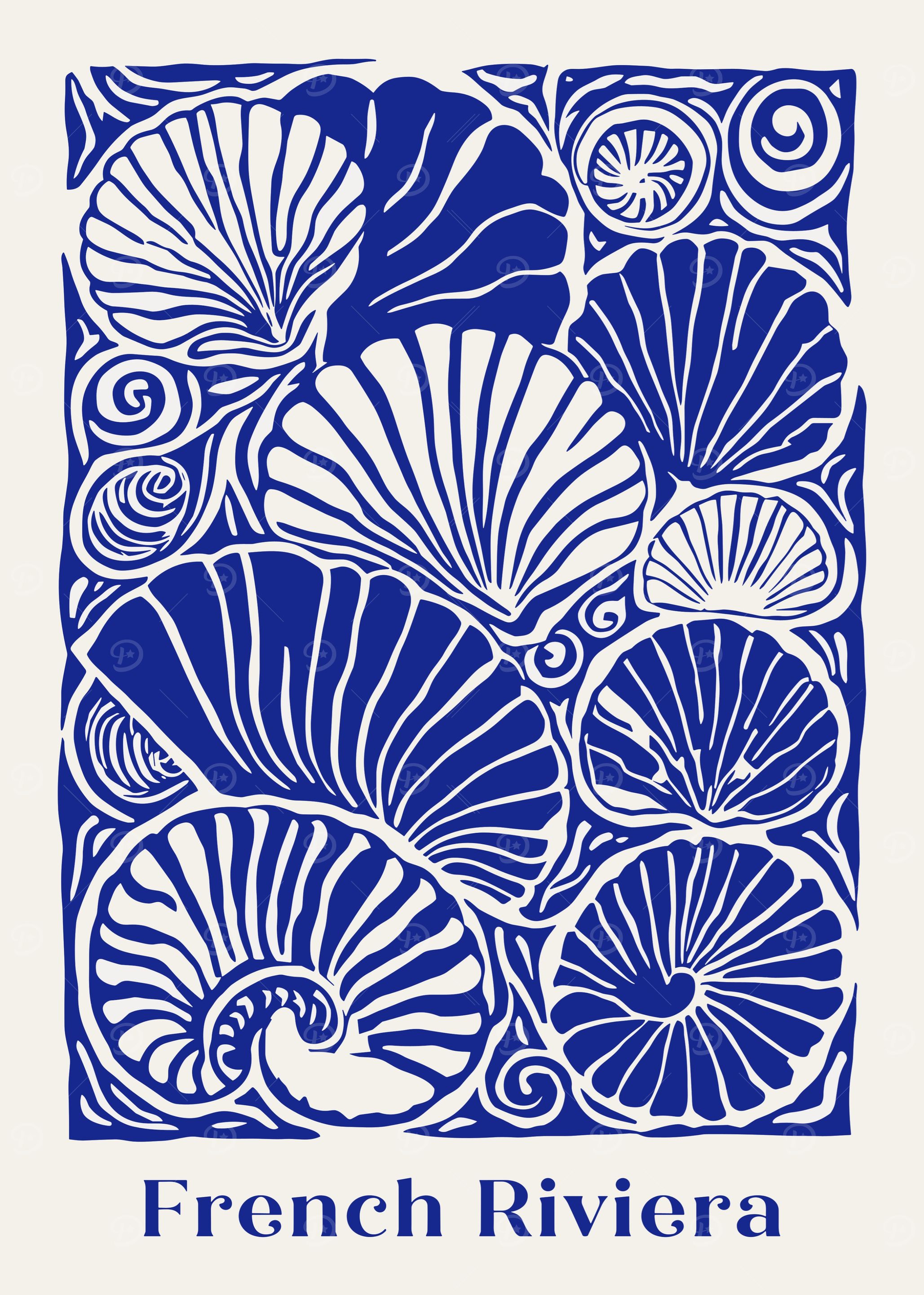 French Riviera Seashells Blue and White Art