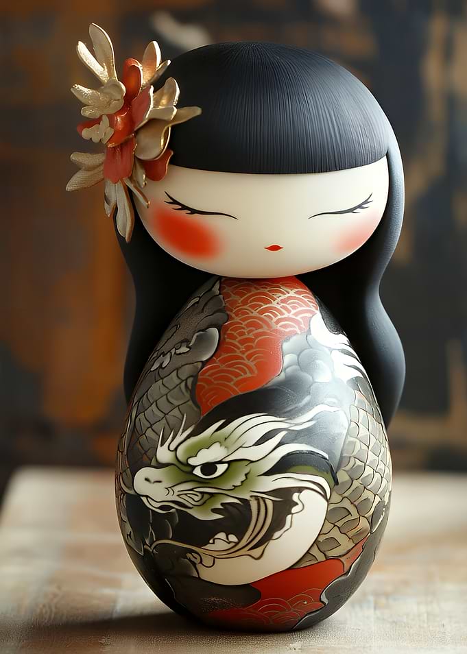 Japanese Kokeshi Doll with Dragon Design
