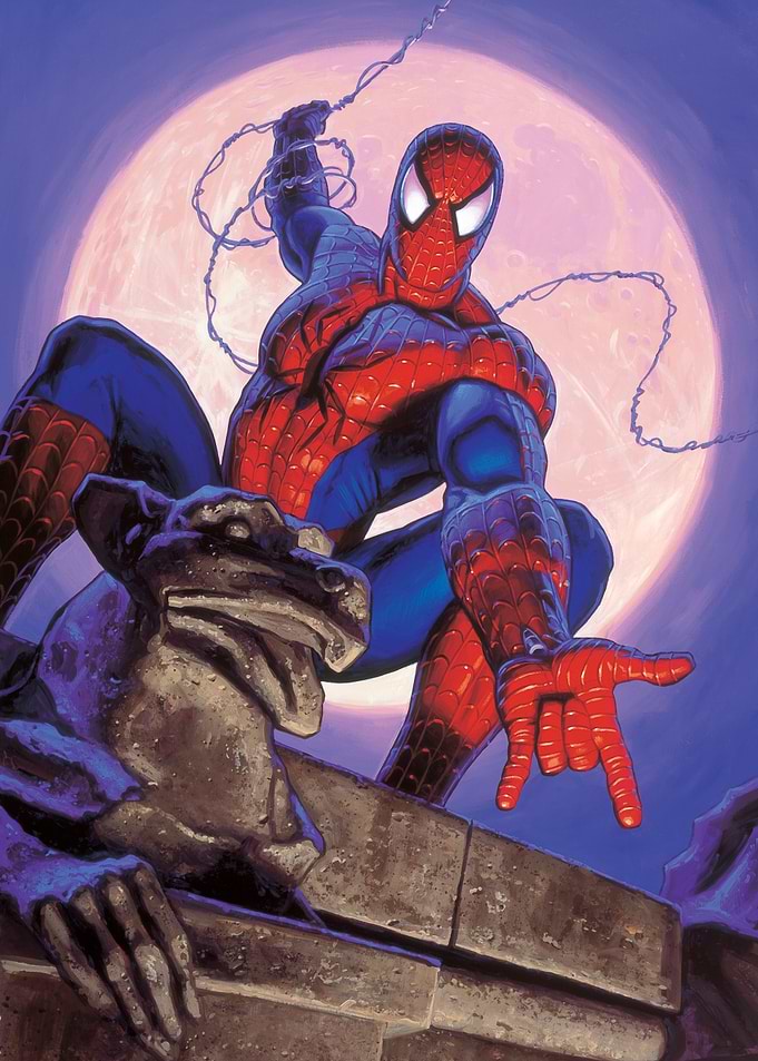 Full Moon Spider-Man waits on a Gargoyle