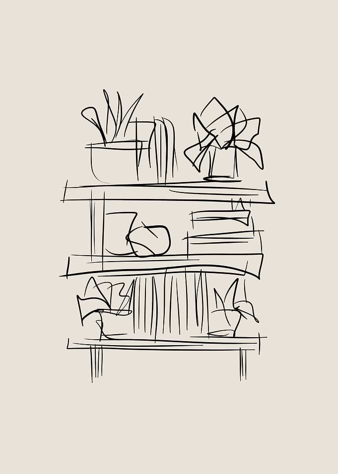 Bookshelf with Plants Line Art