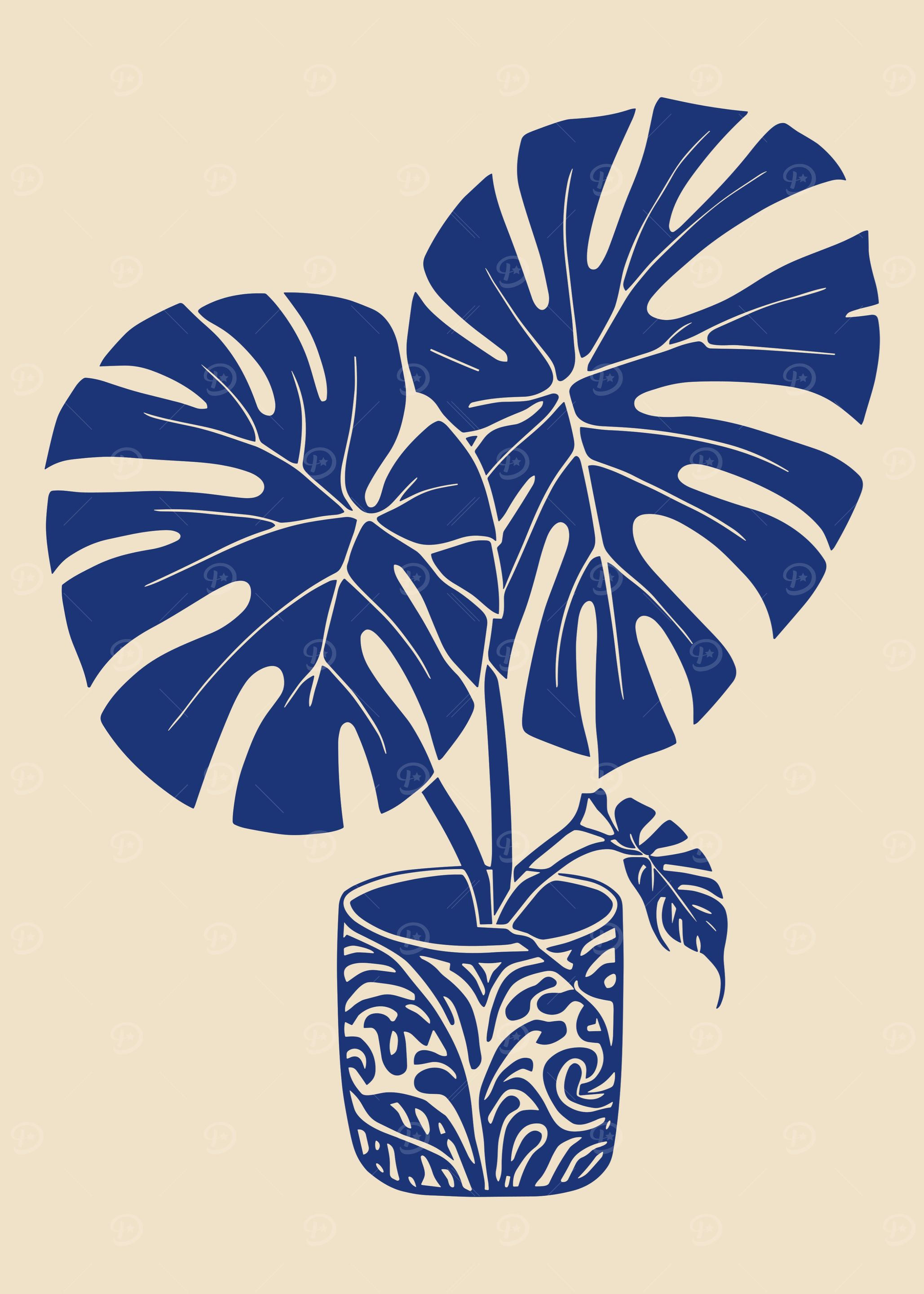 Monstera Plant in Blue and Beige