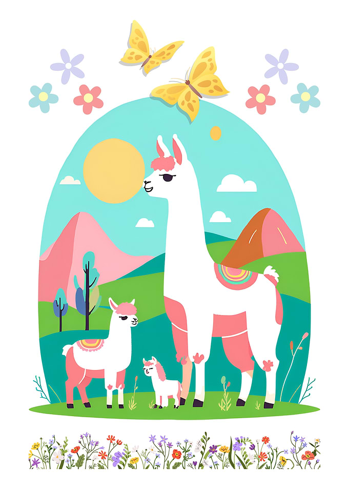 Llama Family in a Colorful Landscape
