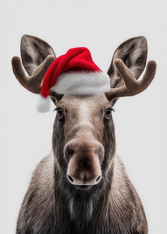 Christmas Moose with Santa Hat Portrait