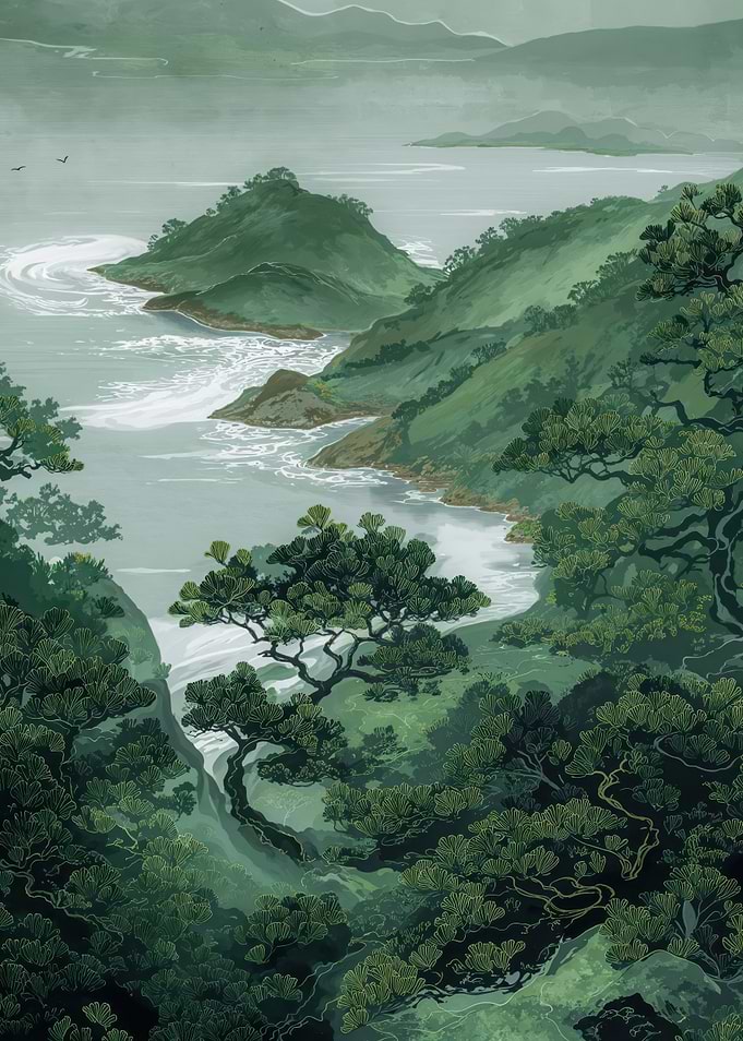 Japanese Coastal Wall Art Forest Print Sage Green Wabi Sabi Painting japandi Art chinoiserie poster