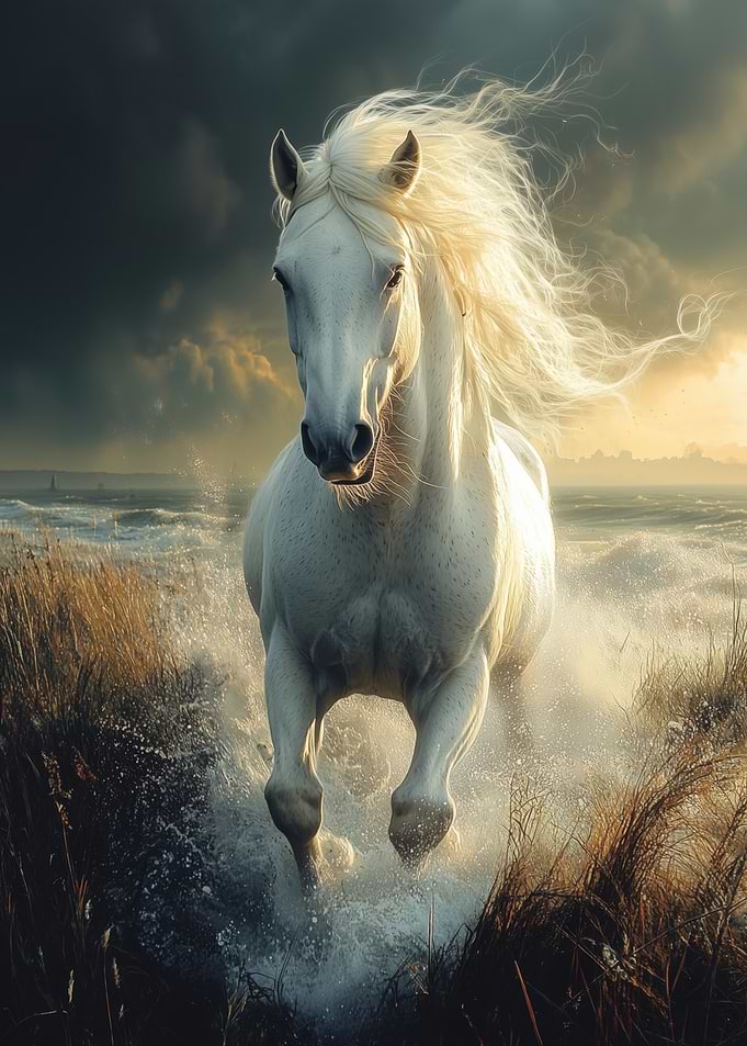 White Horse Galloping Through Water