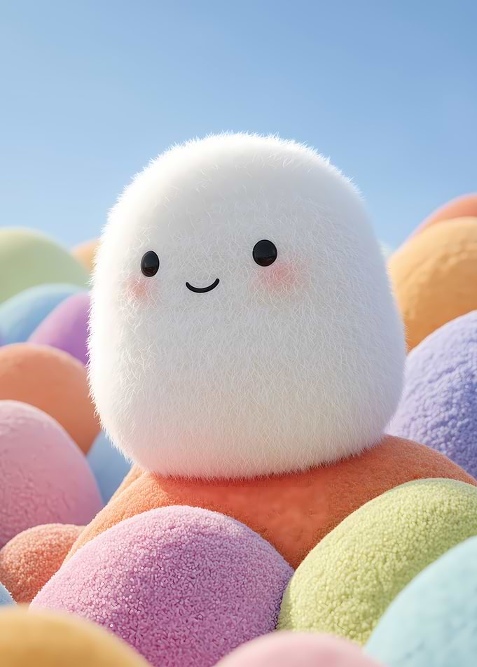 Cute Fluffy Character in Pastel Landscape