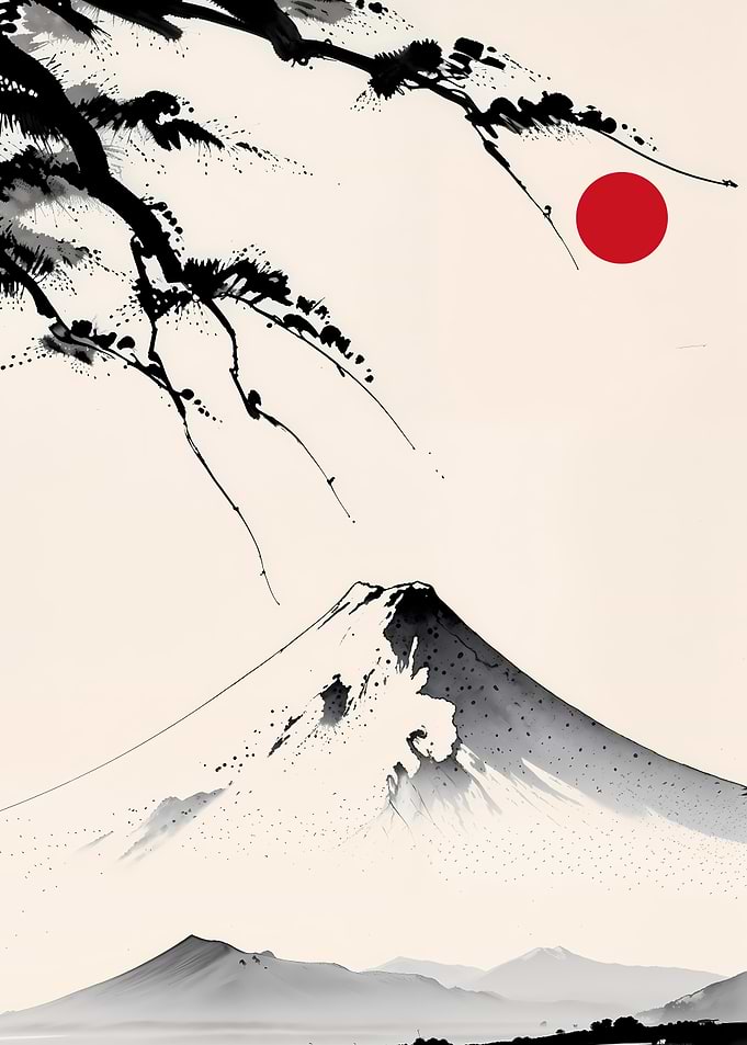 Mount Fuji Ink Painting with Red Sun