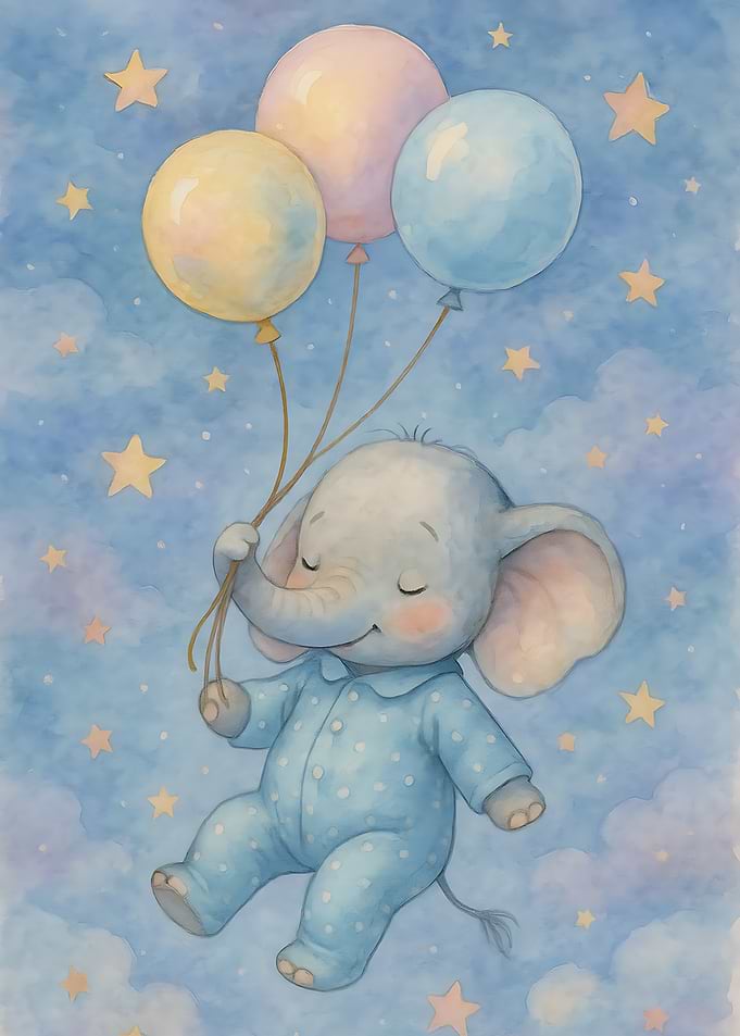 Baby Elephant with Balloons in Starry Sky