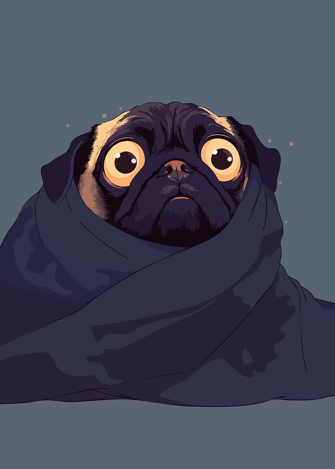 Blanket Scared Pug Cute Funny Dog Minimalist Art Illustration