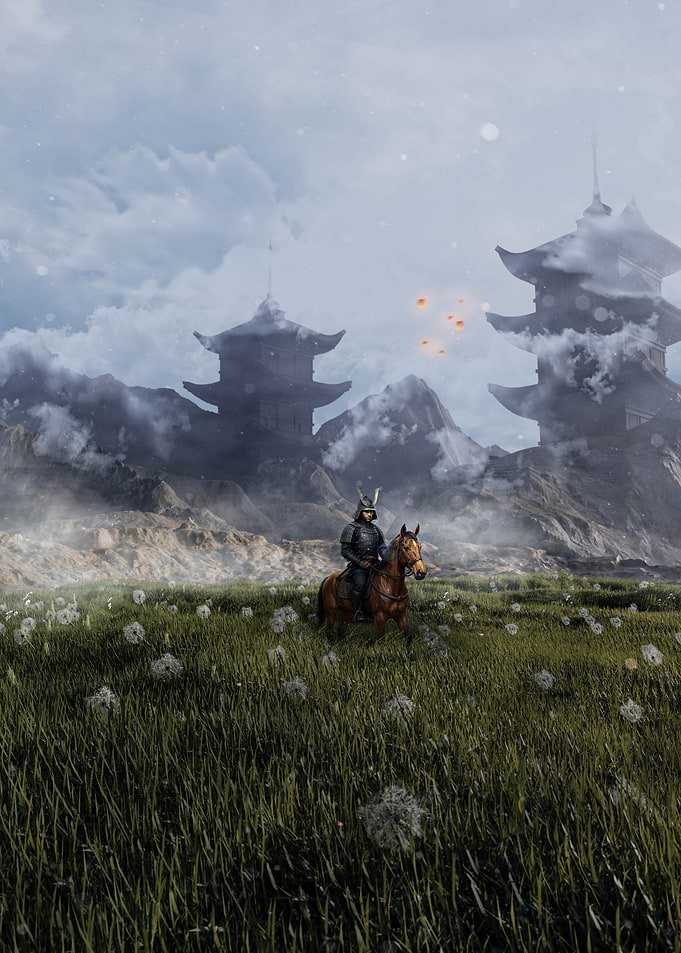 Samurai on Horseback in Grassy Field