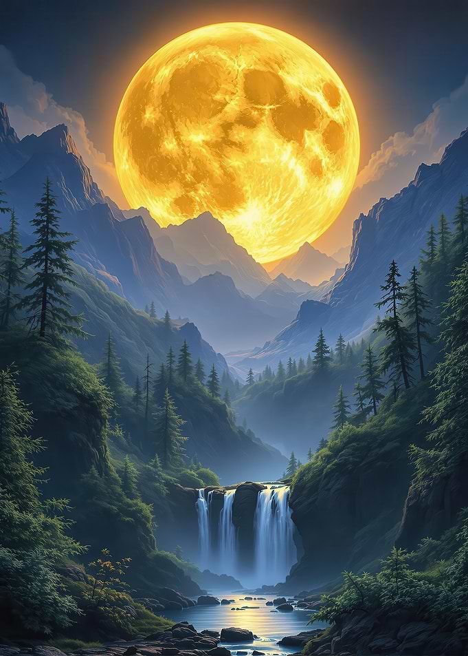 Mountain Landscape with Waterfall and Moon