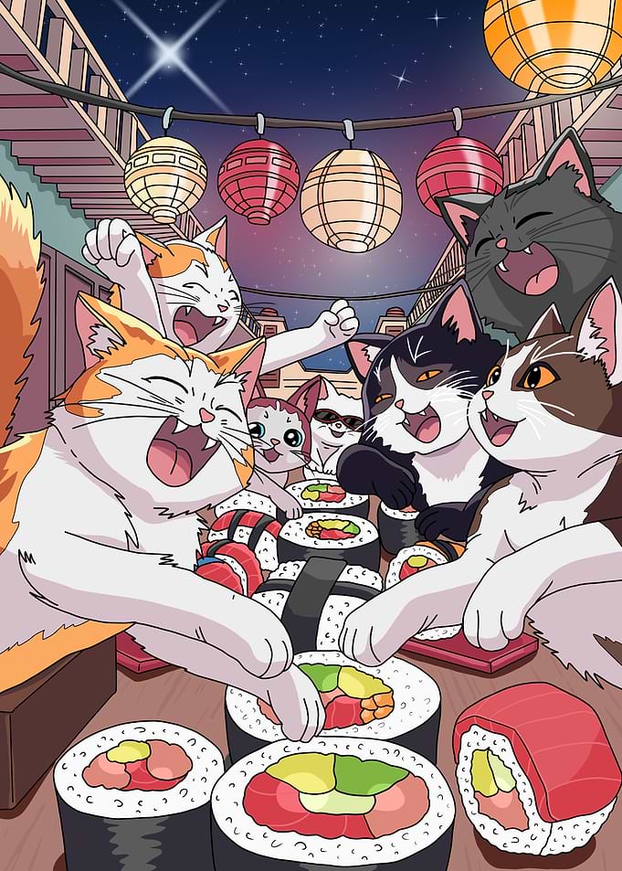Cats Enjoying Sushi Under Lanterns