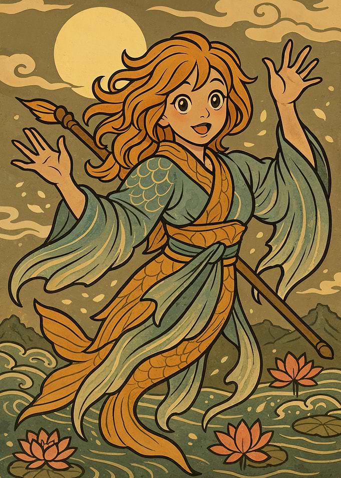 Cartoon Mermaid with Brush and Lotus