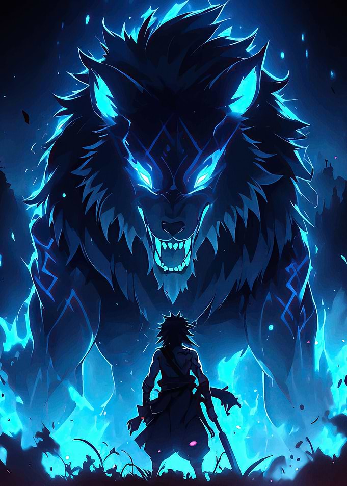 Man Giant Wolf Blue Light