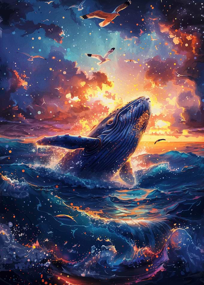 Whale breaching at sunset with seagulls