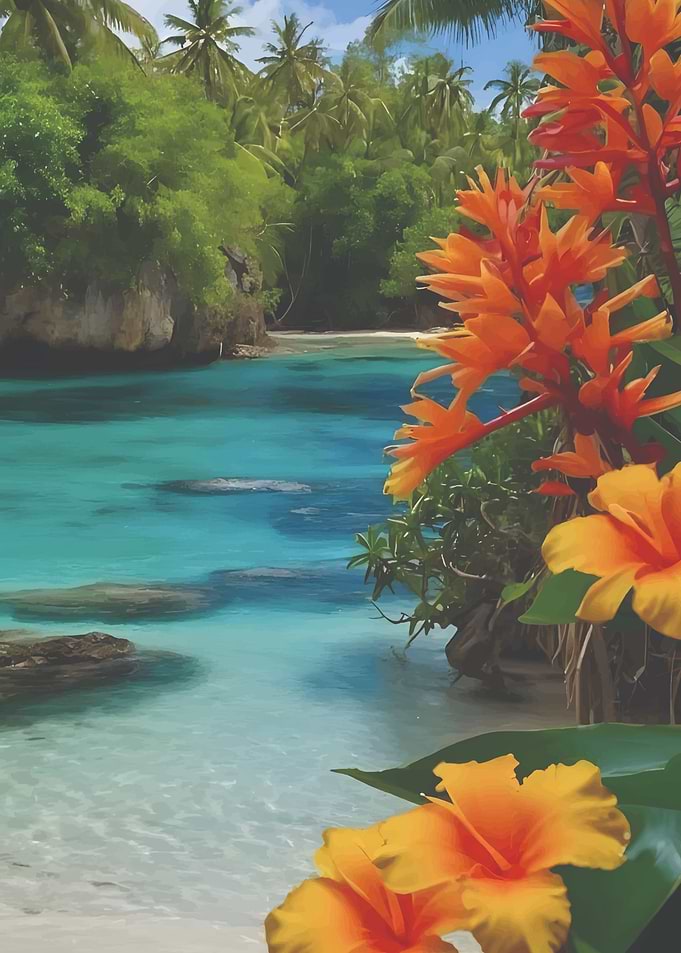 Tropical Beach with Orange Flowers