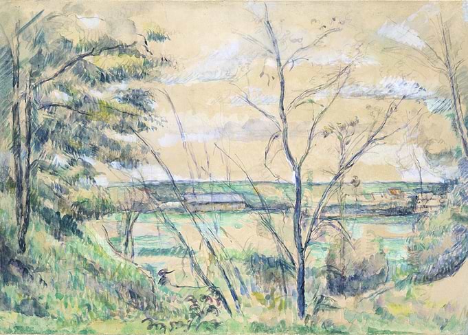 Watercolor Landscape with Trees and Field