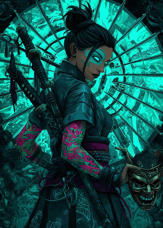 Samurai Woman with Mask and Swords