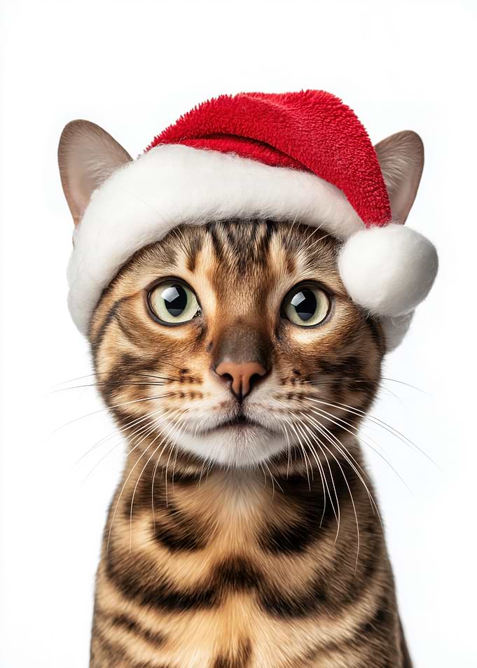 Bengal Cat wearing a Santa hat