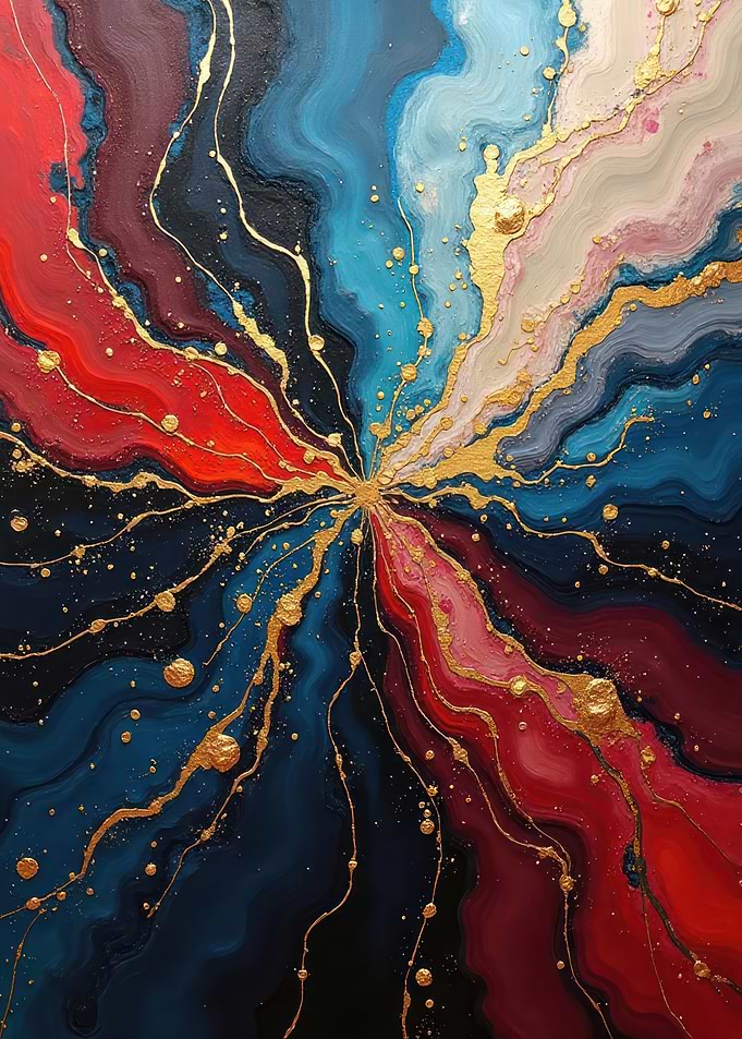 Abstract Red, Blue, and Gold Painting V14