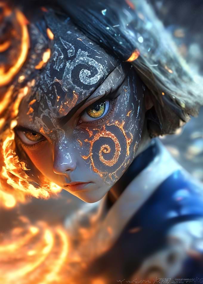 Fiery Gaze: Anime Girl with Markings
